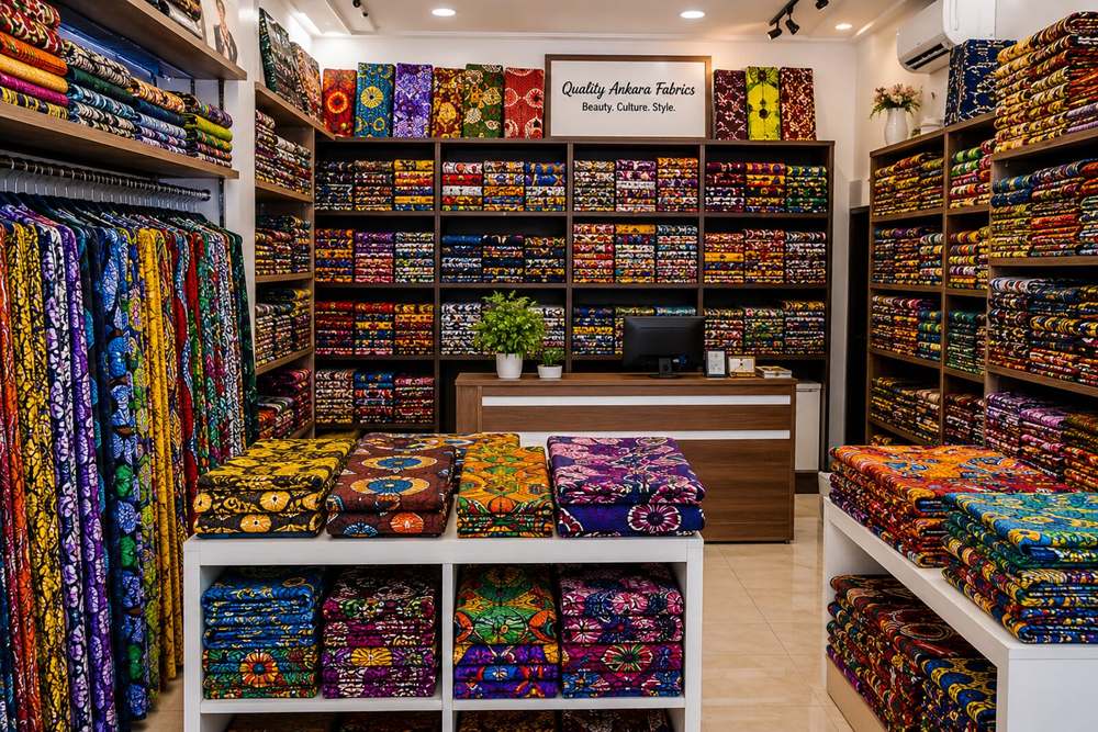 Intérieur d’Ankara House, étagères remplies de tissus wax colorés