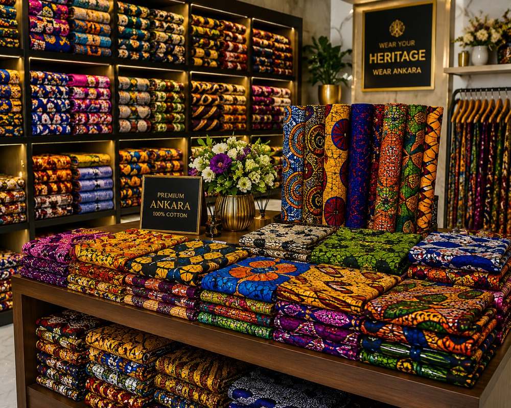 Rouleaux et piles pliées de tissu Ankara haut de gamme en exposition